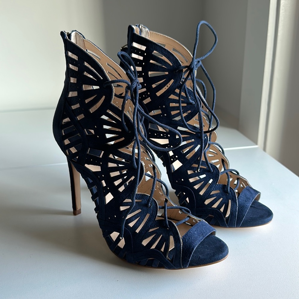Zara Navy Lace Peep Toe Heels
